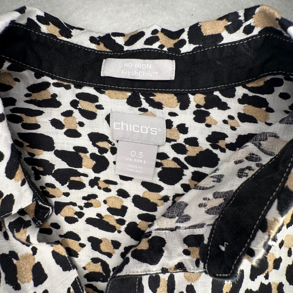 Chico's No Iron Leopard Print Button Down 100% Linen Shirt Women's Size 0.5 - Picture 3 of 8